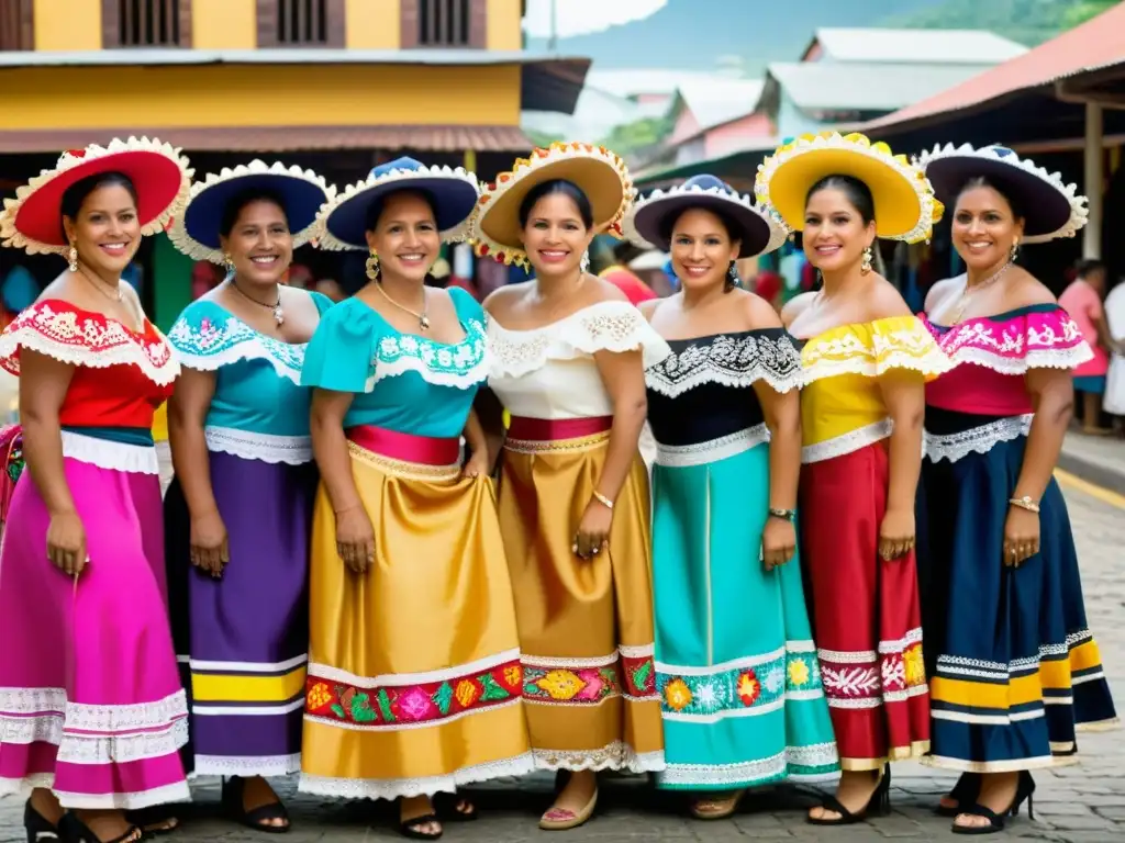 Grupo de mujeres panameñas en mercado, luciendo orgullosas sus coloridas polleras que reflejan la historia y evolución de la pollera en Panamá