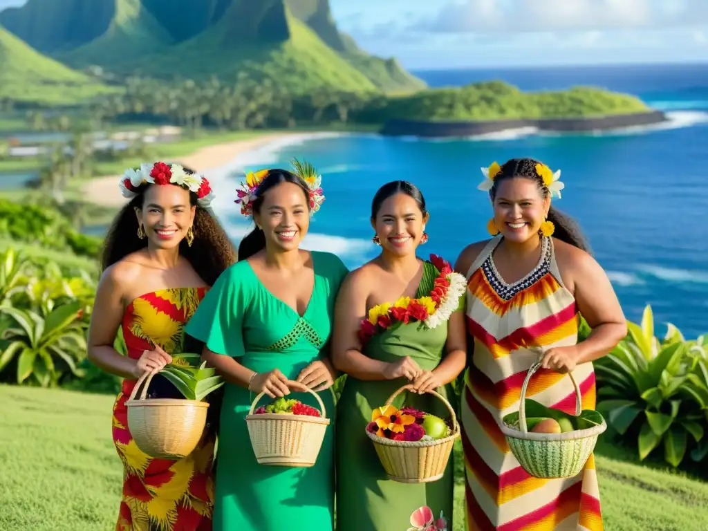 Un grupo de mujeres polinesias orgullosas, vistiendo coloridos vestidos florales y accesorios tradicionales, sostienen cestas de frutas y flores en una colina verde con cabañas tradicionales al fondo, reflejando el papel de la mujer en Polinesia