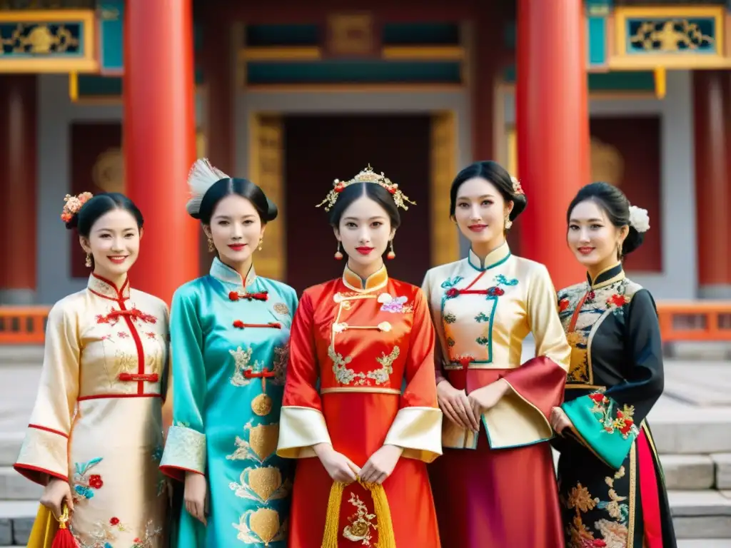 Grupo de mujeres vistiendo qipaos en un templo rojo y dorado, capturando la evolución del qipao en la moda china