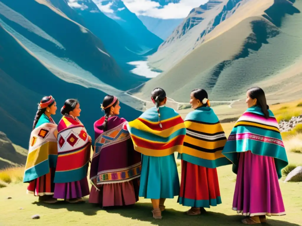 Grupo de mujeres Quechua peruanas con trajes tradicionales coloridos, realizando un ritual ancestral en los Andes