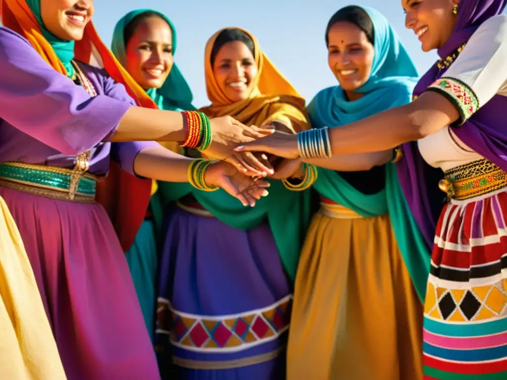 Un grupo de mujeres saharauis danzando con gracia y alegría en el Festival de Música del Sáhara, luciendo coloridos trajes tradicionales y bordados