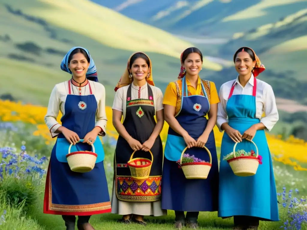 Grupo de mujeres con sarafanes tradicionales, adornadas con flores y cestas de flores silvestres, en un prado soleado