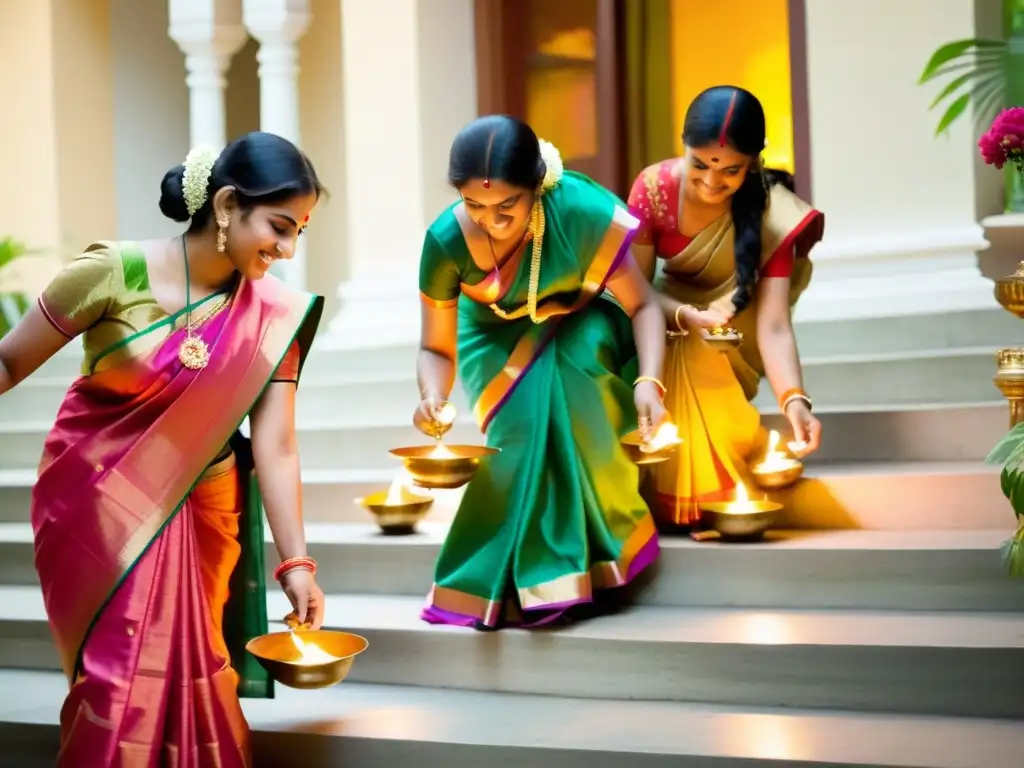 Grupo de mujeres en saris tradicionales encendiendo lámparas de aceite en escalera decorada hacia templo, iluminando el entorno con la celebración del Diwali en India