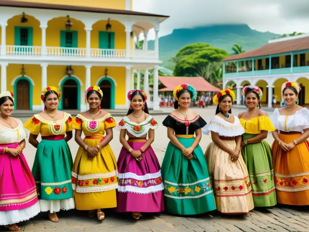 Un grupo de mujeres en trajes de Pollera en una bulliciosa plaza en Panamá durante el siglo XIX, mostrando la historia y evolución de la Pollera en la cultura panameña