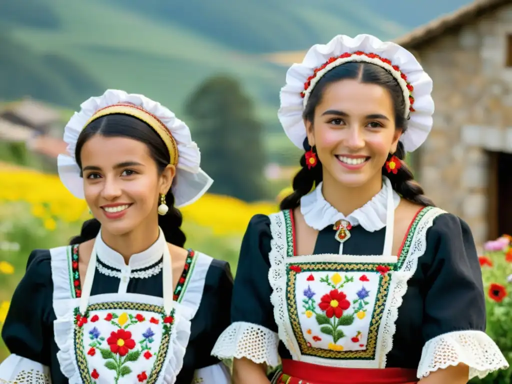 Grupo de mujeres vistiendo trajes típicos de España folclórica durante celebración festiva en Galicia, con detalles vibrantes y elegantes