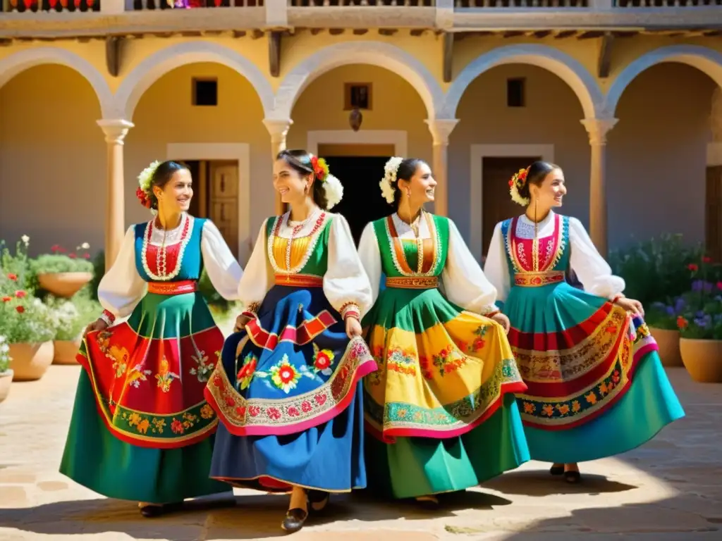 Un grupo de mujeres con trajes típicos de España folclórica bailando en un patio soleado rodeado de flores vibrantes