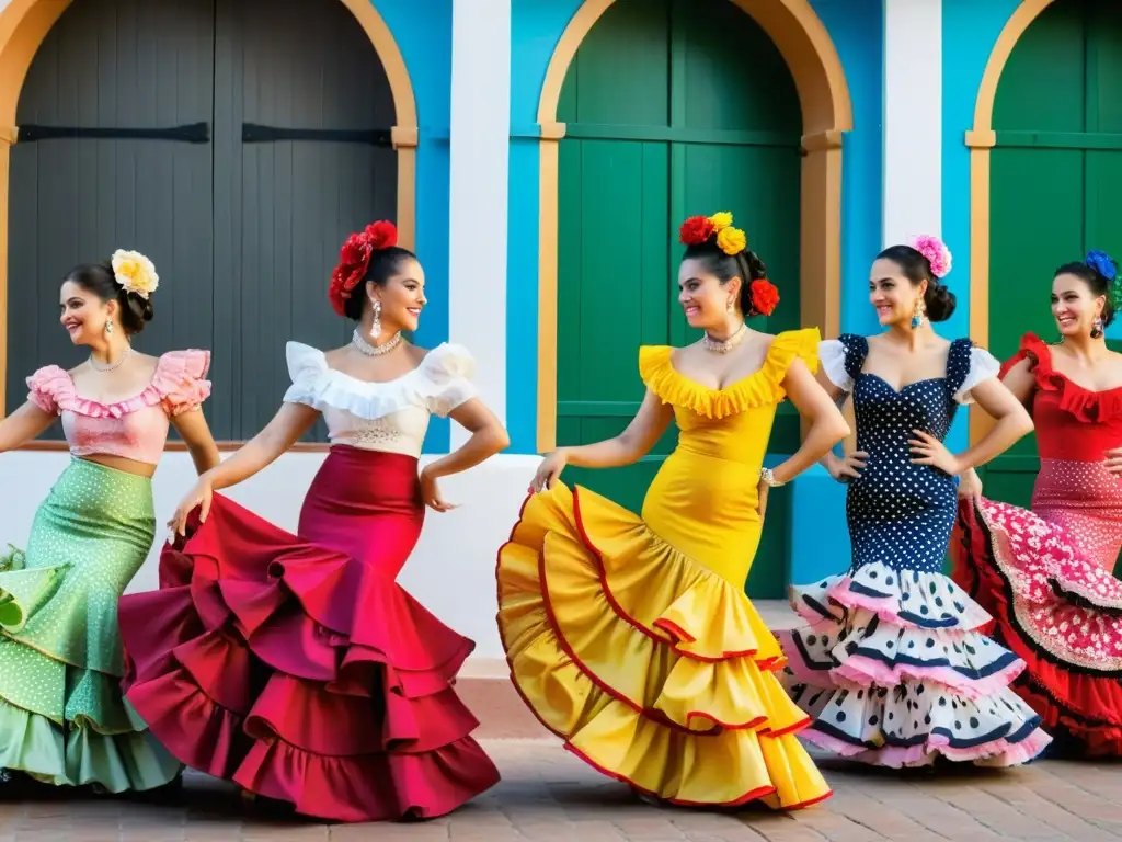 Grupo de mujeres con trajes típicos de España folclórica bailando en una feria colorida en Andalucía