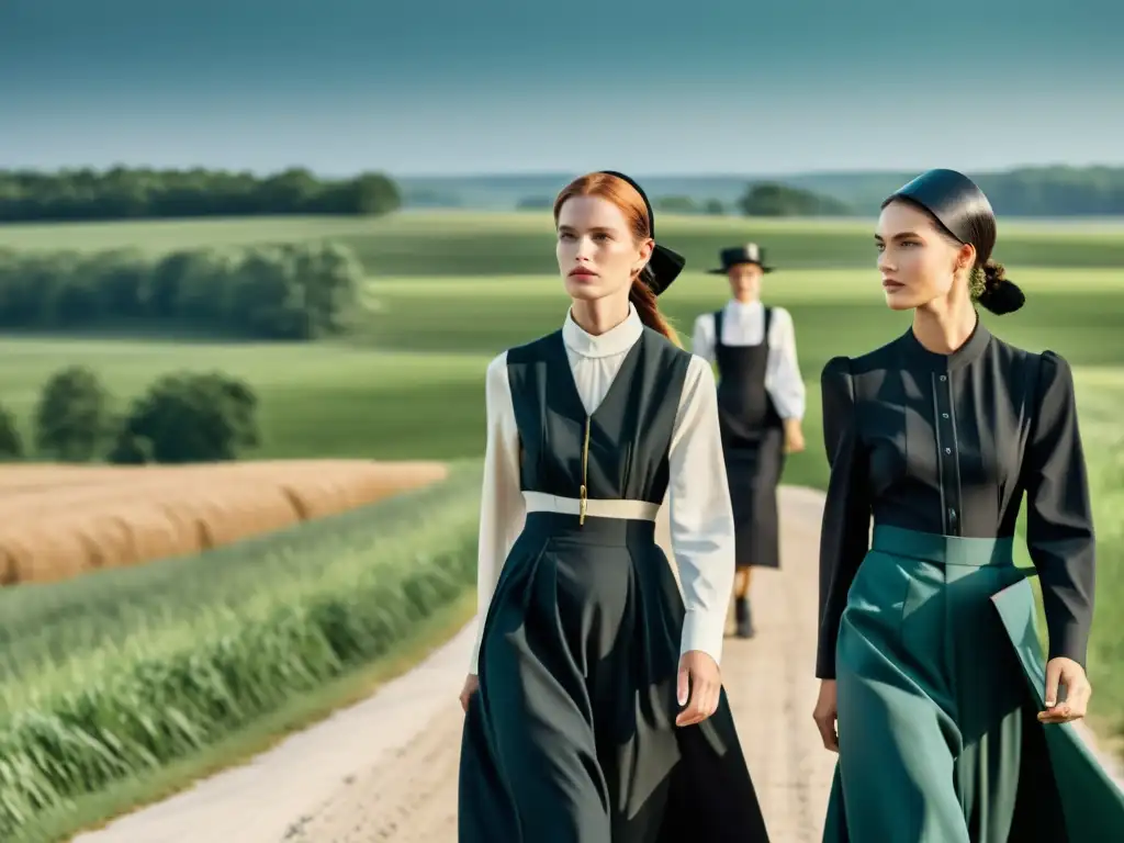 Un grupo de mujeres Amish en trajes tradicionales contrasta con una pasarela de moda contemporánea minimalista