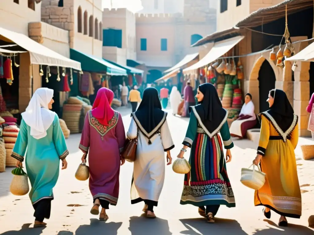 Un grupo de mujeres con túnicas coloridas y bordadas caminan por un bullicioso mercado del Medio Oriente