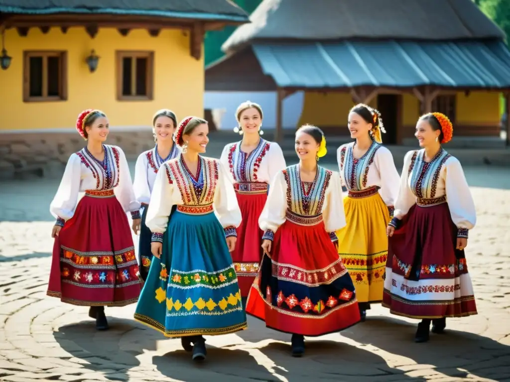 Un grupo de mujeres ucranianas en trajes típicos bailando el 'Hopak' en una animada plaza de pueblo, capturando la resistencia cultural