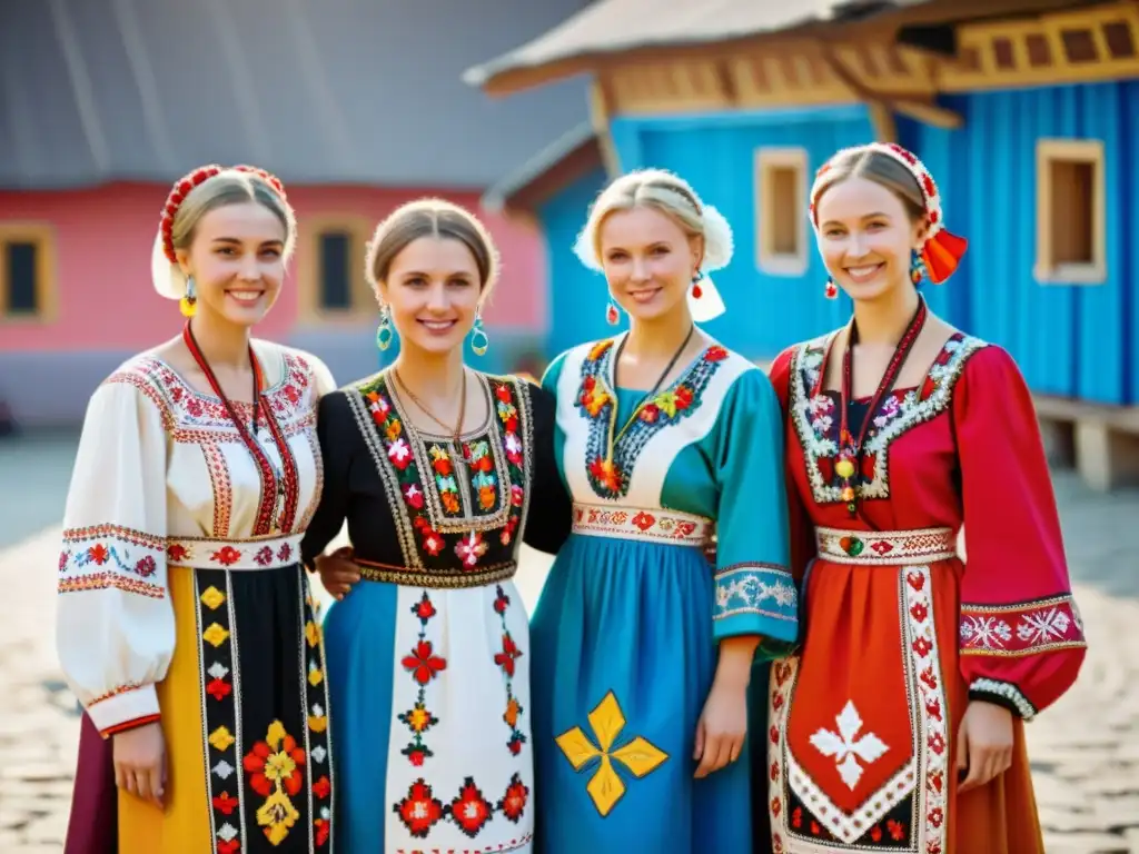 Un grupo de mujeres ucranianas bailando en trajes típicos vyshyvanka, celebrando la resistencia cultural ucraniana en una colorida plaza del pueblo