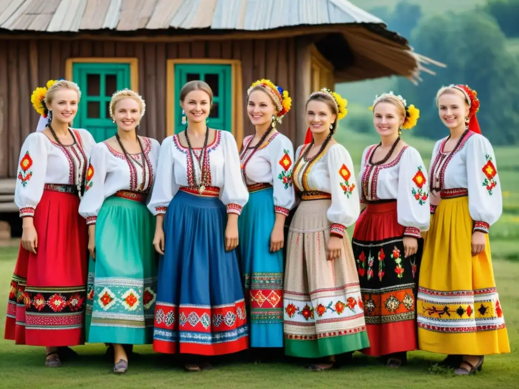 Grupo de mujeres ucranianas en trajes típicos bailando Hopak en un pueblo, evocando resistencia cultural y orgullo comunitario en Ucrania