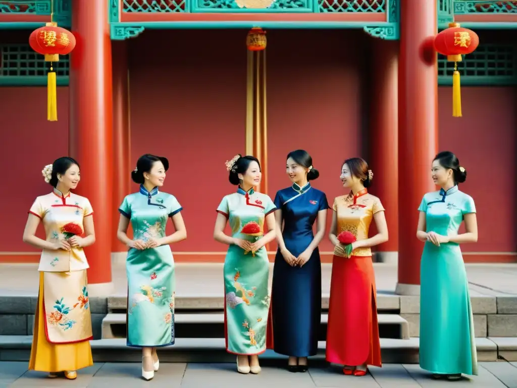 Un grupo de mujeres elegantemente vestidas con Cheongsam participa en una ceremonia tradicional china