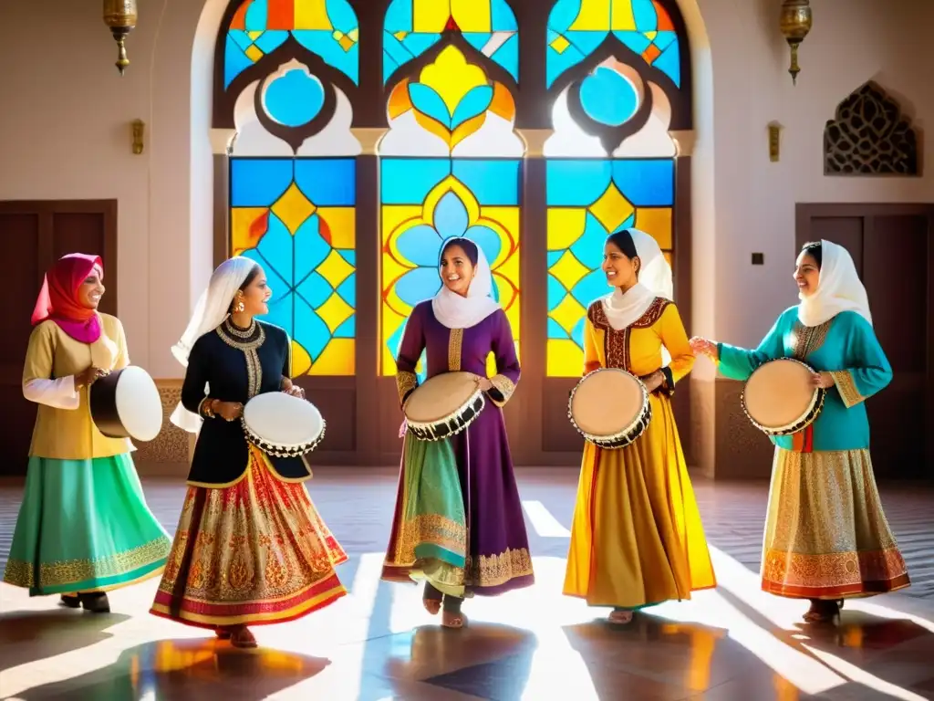 Danza ceremonial islámica: mujeres coloridas y alegres Un grupo de mujeres vestidas con coloridos trajes tradicionales islámicos realiza un baile ceremonial, sosteniendo tambores ornamentados