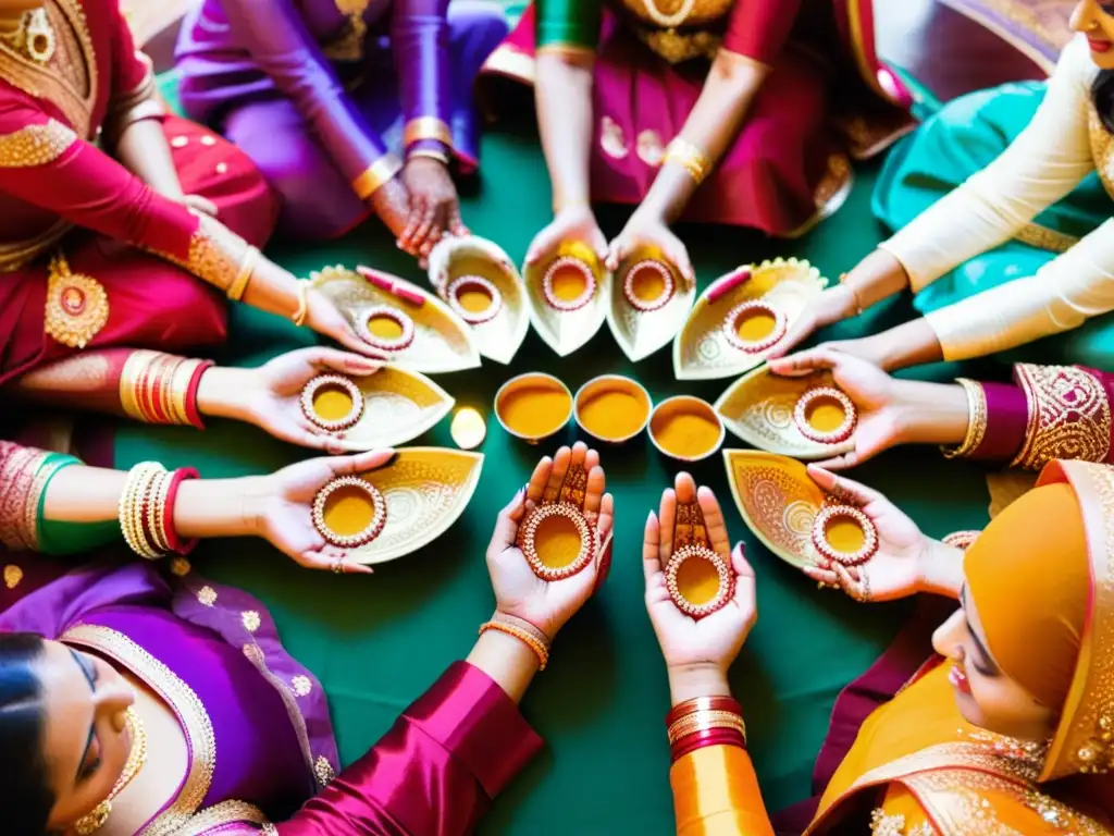 Grupo de mujeres vestidas con ropa tradicional, celebrando el significado y origen del Karva Chauth con rituales y decoraciones coloridas