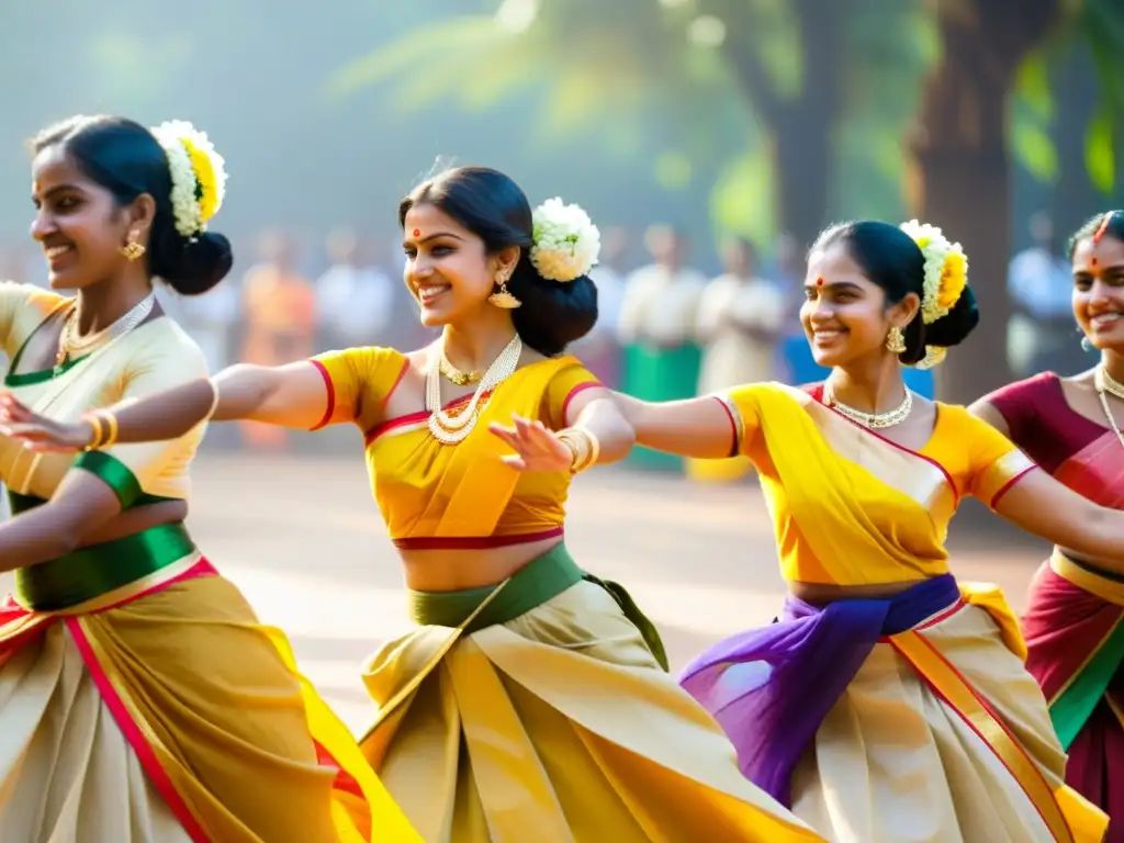 Un grupo de mujeres vestidas con sarees tradicionales de Kerala bailando Kaikottikali en el vibrante Festival Onam India competencia vibrante