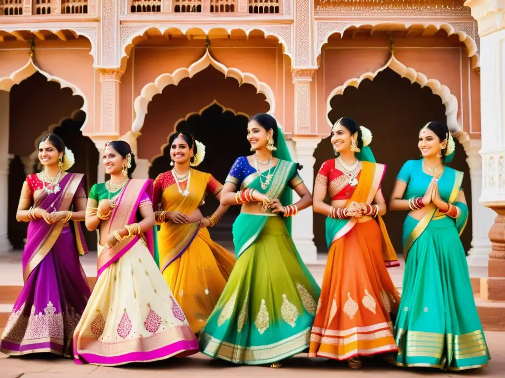 Grupo de mujeres vestidas en trajes tradicionales Rajasthani, bailando y cantando durante la celebración del festival Teej en el majestuoso Fuerte Mehrangarh