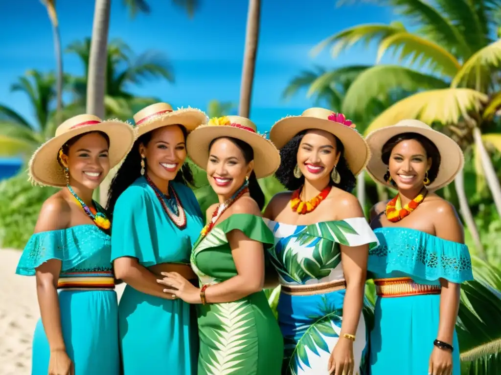 Grupo de mujeres luciendo vestidos tradicionales de las islas del Pacífico, con influencias occidentales, ante un escenario tropical exuberante