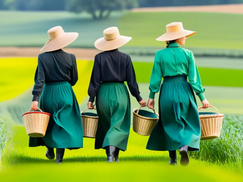 Grupo de mujeres Amish con vestimenta tradicional caminando por un campo soleado, evocando la influencia moda Amish minimalismo contemporáneo