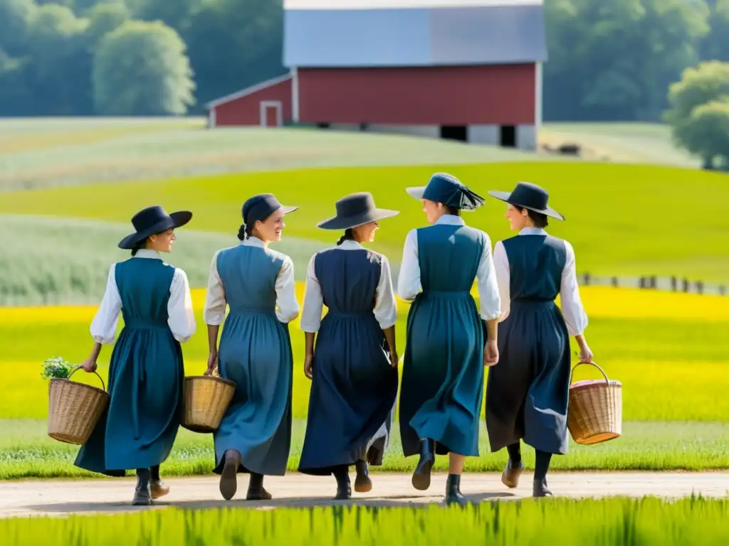 Grupo de mujeres Amish en vestimenta tradicional paseando por un campo soleado, reflejando la influencia moda Amish minimalismo contemporáneo