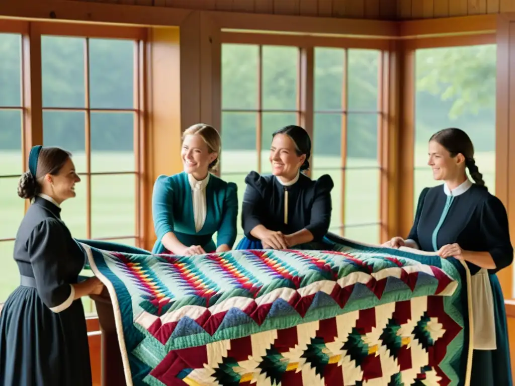 Grupo de mujeres Amish en vestimenta tradicional, cosiendo un colorido y detallado edredón en un ambiente de armonía y tradición en la cultura Amish