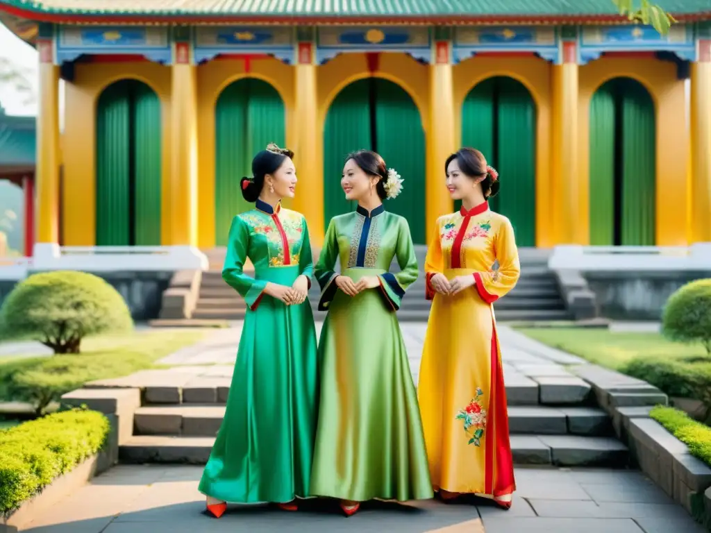 Grupo de mujeres vistiendo ao dai vietnamita significado y simbología, frente a templo histórico, rodeadas de exuberante naturaleza y luz cálida