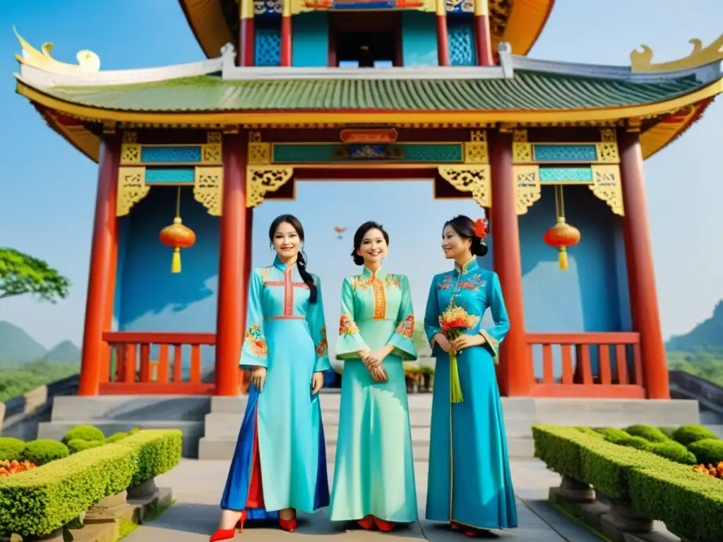 Un grupo de mujeres vietnamitas vistiendo coloridos ao dai, frente a una pagoda tradicional con detalles arquitectónicos intrincados