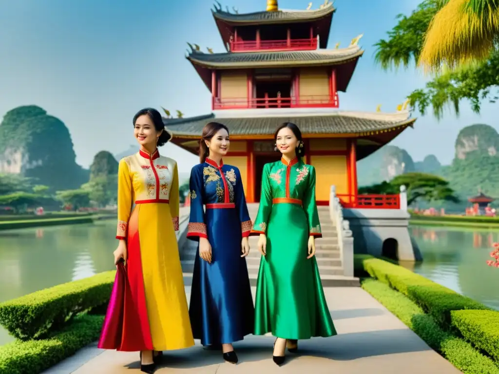 Un grupo de mujeres vietnamitas viste coloridos ao dai frente a una pagoda, mostrando elegancia y tradición vietnamita