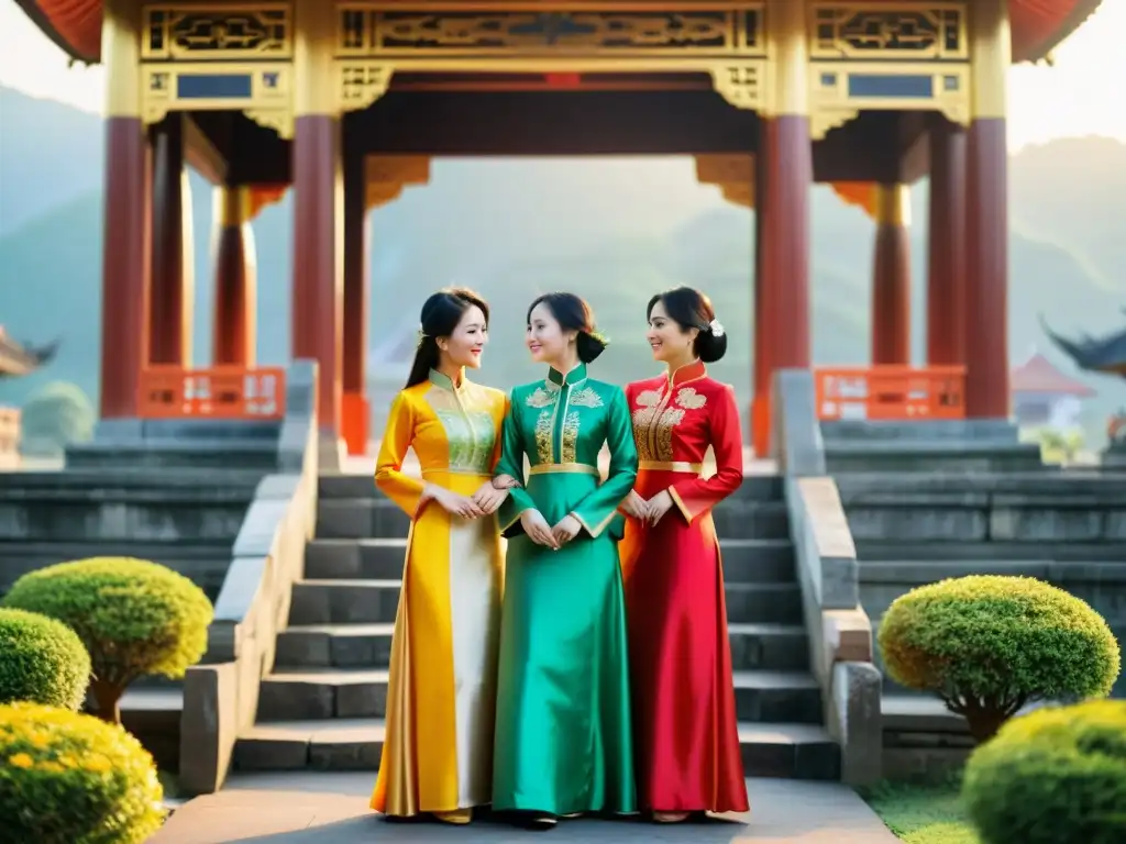 Un grupo de mujeres vietnamitas vistiendo elegantes ao dai en colores vibrantes, frente a una pagoda tradicional