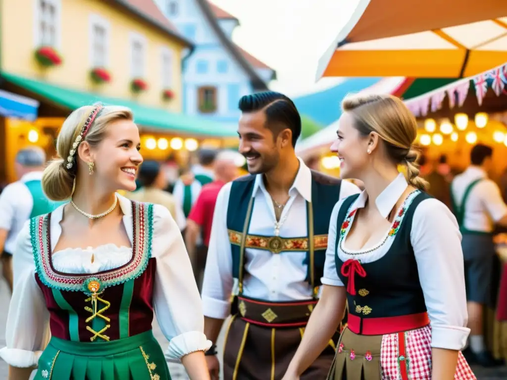 Grupo multicultural en mercado animado con trajes tradicionales bávaros