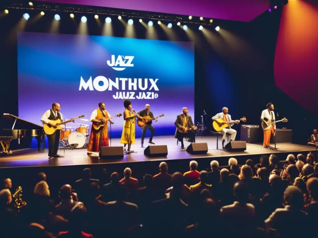 Grupo multicultural de músicos en vibrante actuación en el Festival de Jazz Montreux, creando una fusión cultural cautivadora