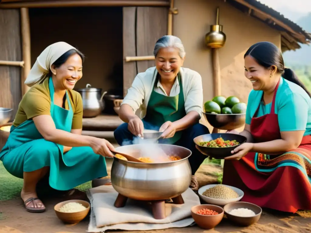 Un grupo multicultural disfruta recetas ancestrales patrimonio cultural alrededor de una olla humeante en un entorno rústico al aire libre