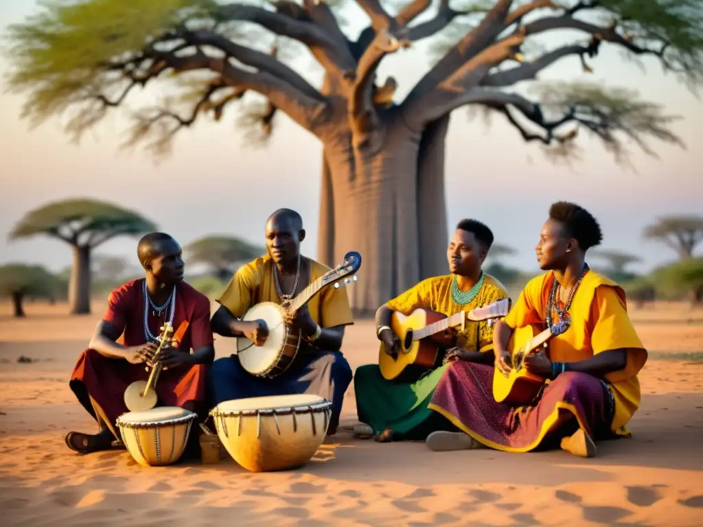 Grupo de músicos africanos tocando bajo un baobab al atardecer con vestimenta tradicional, evocando los géneros musicales África Francófona