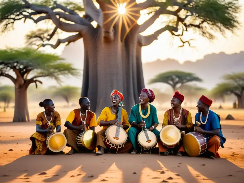 Grupo de músicos africanos interpretando ritmos bajo un baobab, vistiendo atuendos coloridos