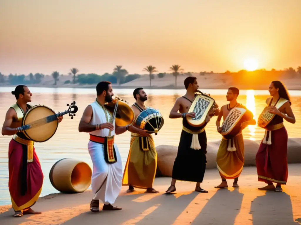 Grupo de músicos y bailarines egipcios en la ribera del Nilo al atardecer, capturando la esencia de los rituales tradicionales celebrados en Egipto