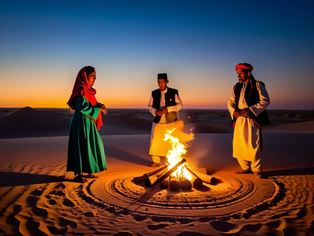 Grupo de músicos y bailarines saharauis actuando bajo el cielo del desierto en el Festival de Música del Sáhara