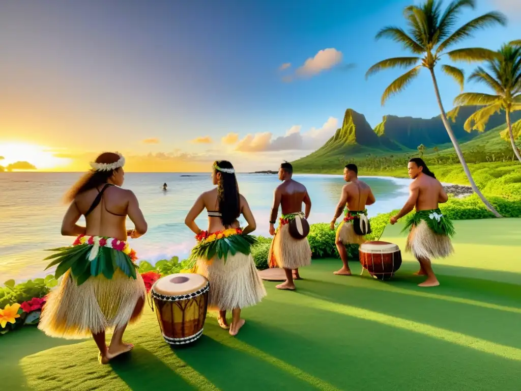 Grupo de músicos y bailarines tradicionales polinesios en la playa al atardecer, creando una atmósfera de música tradicional de Polinesia