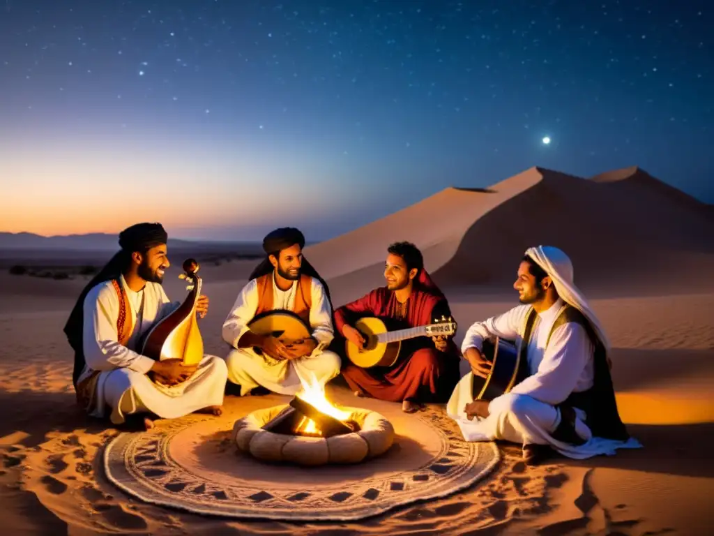 Grupo de músicos beduinos tocando instrumentos tradicionales bajo el cielo estrellado del desierto árabe, capturando la esencia de la cultura beduina