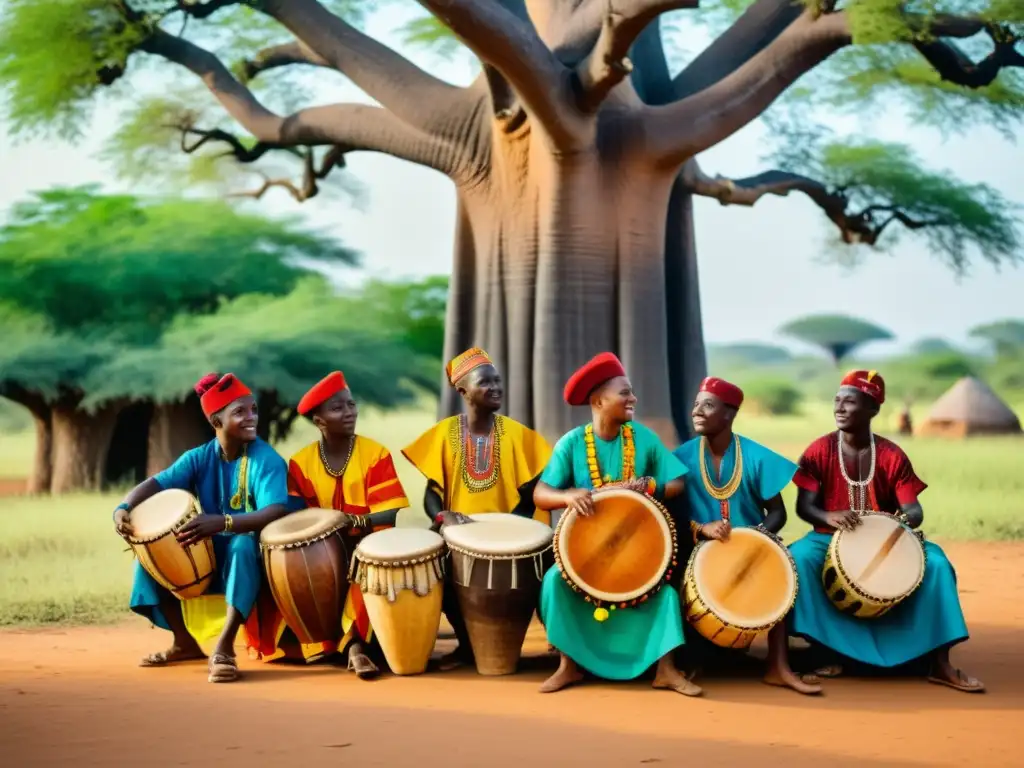 Un grupo de músicos benineses interpreta bajo un baobab