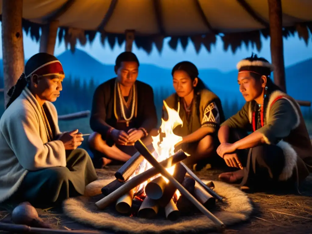 Grupo de músicos chamánicos en Siberia, rodeados de naturaleza, tocando instrumentos tradicionales en una atmósfera mística y espiritual