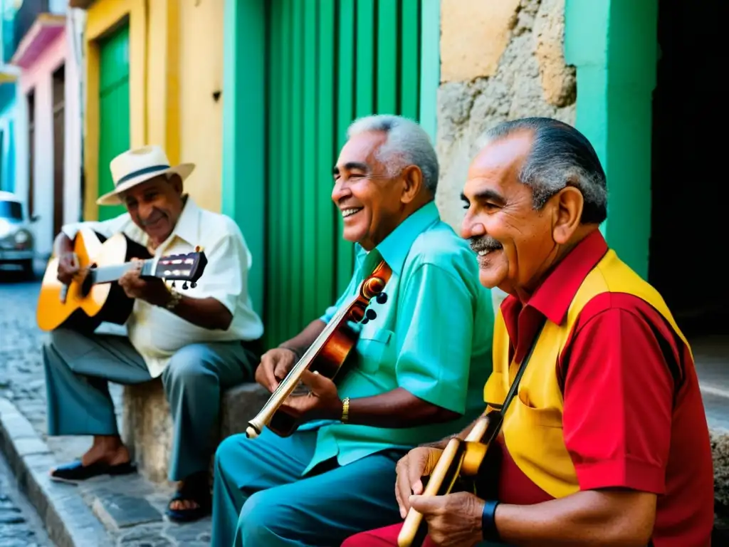 Grupo de músicos cubanos mayores tocando instrumentos tradicionales en una calle empedrada de La Habana Vieja al atardecer