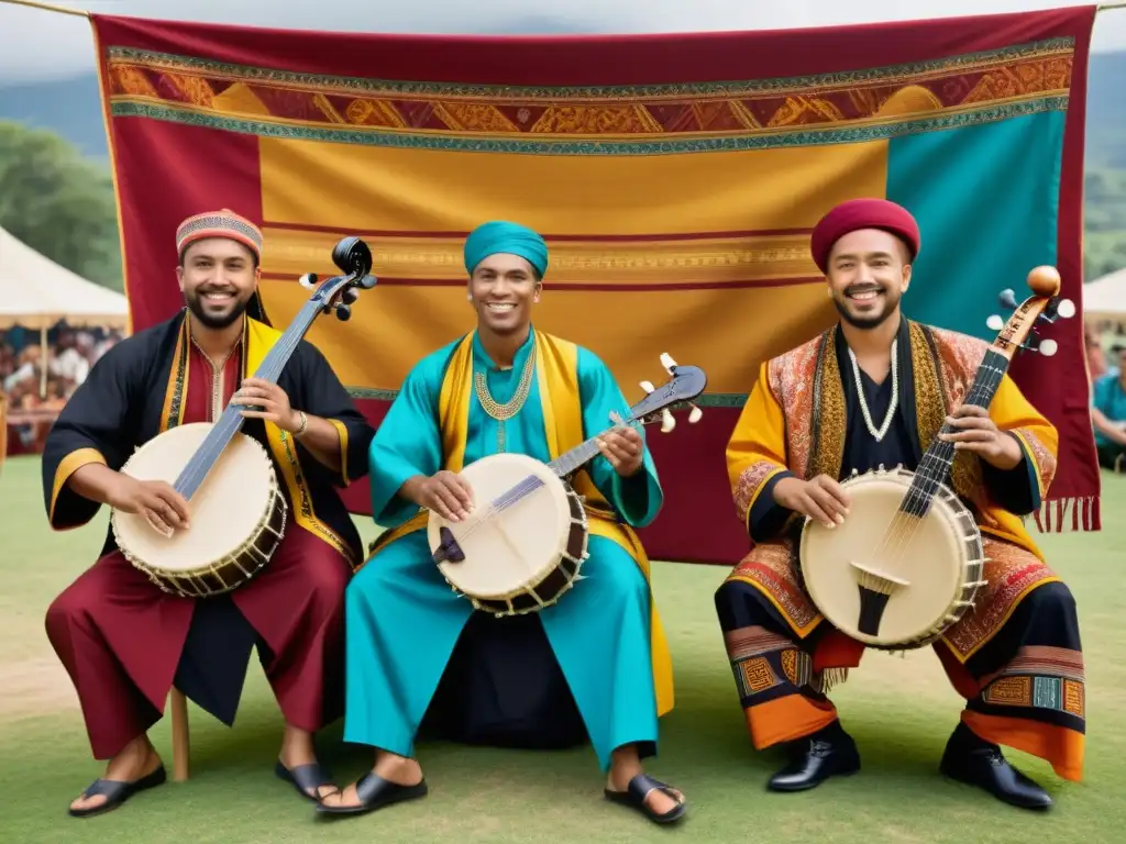 Grupo de músicos étnicos con atuendos vibrantes en exposición de música y arte étnico al aire libre, bañados por cálida luz solar