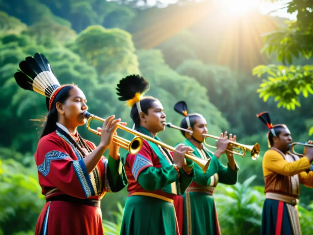 Grupo de músicos indígenas tocando instrumentos musicales tradicionales en un bosque verde exuberante