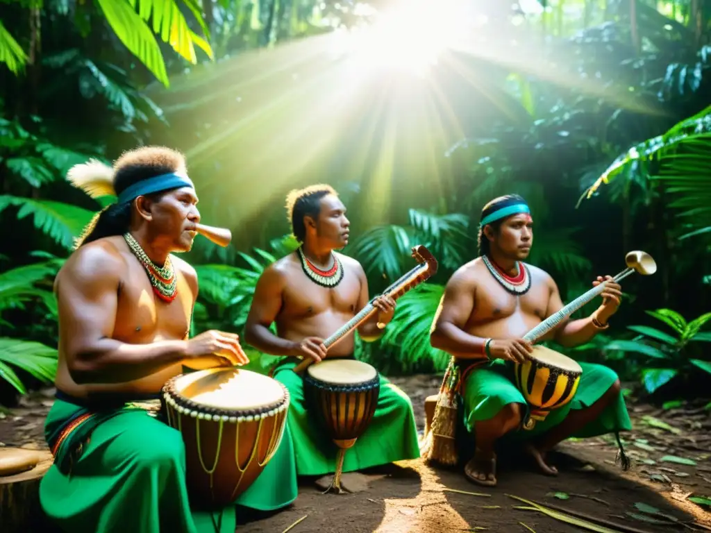 Un grupo de músicos indígenas en trajes vibrantes toca instrumentos tradicionales en la exuberante selva, irradiando orgullo y la rica herencia cultural de la música indígena, en apoyo a la salvaguarda de la música indígena en peligro