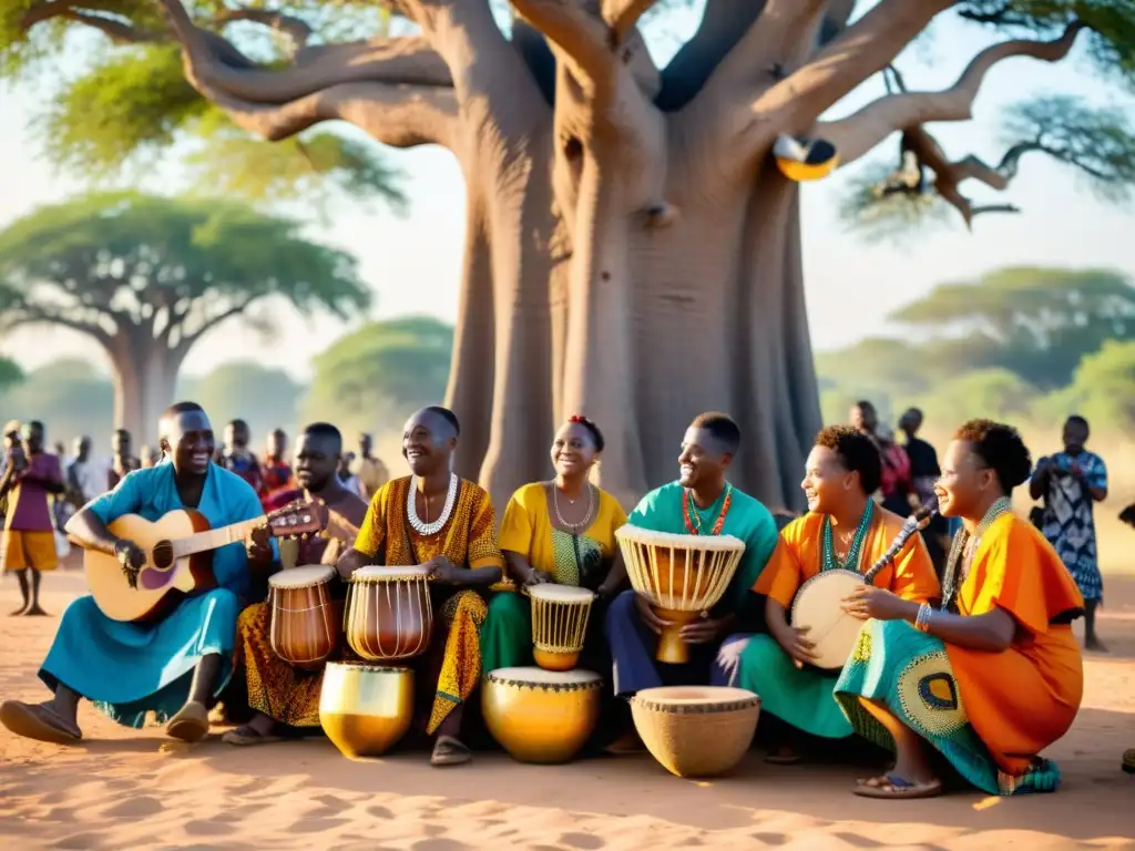 Un grupo de músicos toca instrumentos tradicionales de África Occidental bajo un baobab, rodeados de personas que bailan y aplauden al ritmo de la música tradicional africana francófona