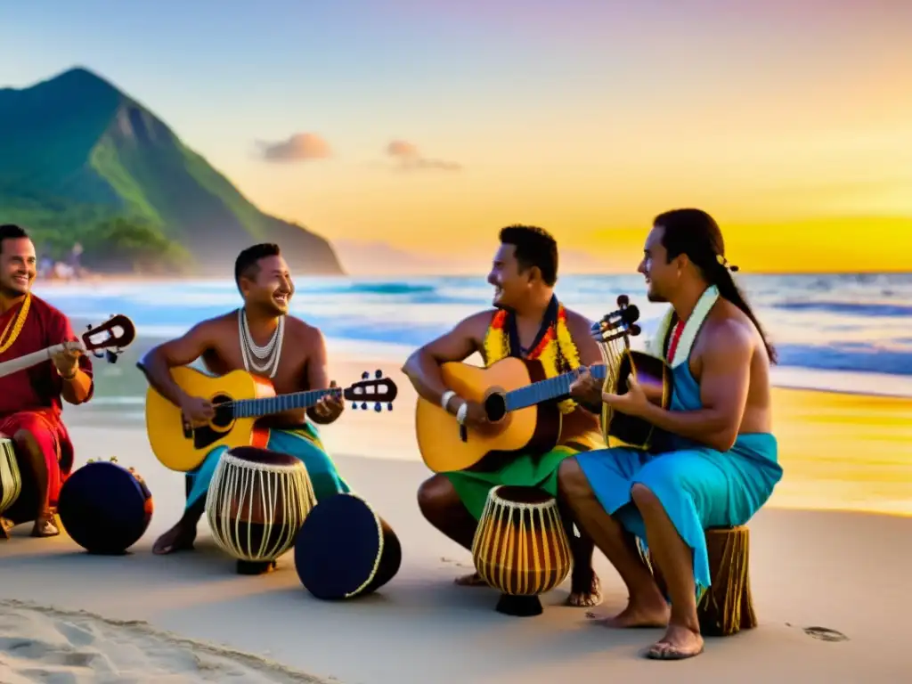 Un grupo de músicos del Pacífico tocan instrumentos tradicionales en la playa al atardecer, rodeados de gente