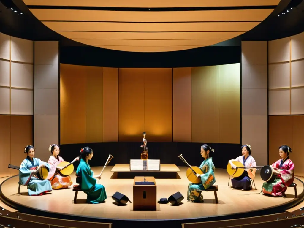 Grupo de músicos japoneses tradicionales transformando música folclórica japonesa en un escenario moderno, fusionando lo antiguo con lo contemporáneo