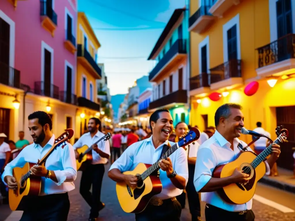 Grupo de músicos tocando música tradicional puertorriqueña durante las Fiestas de la Calle San Sebastián en Puerto Rico