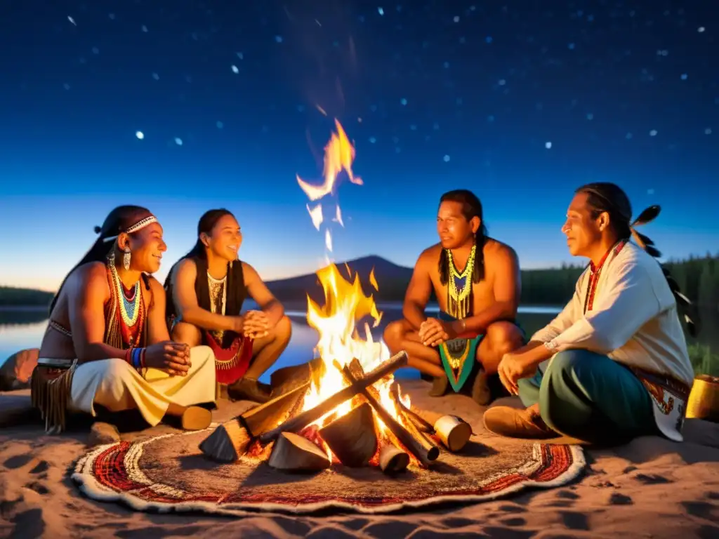 Grupo de músicos nativos americanos tocando instrumentos tradicionales alrededor de una fogata bajo un cielo estrellado