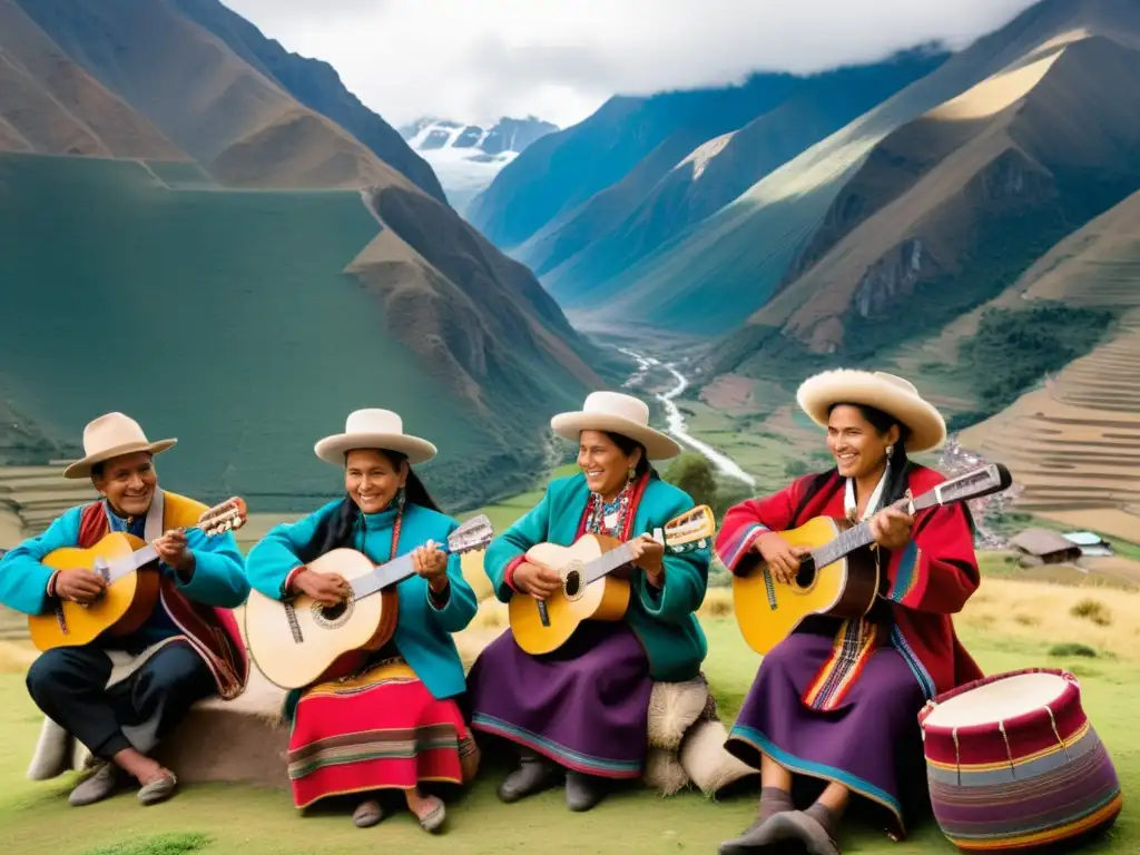 Grupo de músicos peruanos tocan instrumentos tradicionales en la sierra peruana, rodeados de paisajes naturales